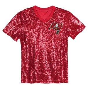 Tampa Bay Buccaneers Girls Juniors Sequin V Neck T Shirt Top Red NFL Size M